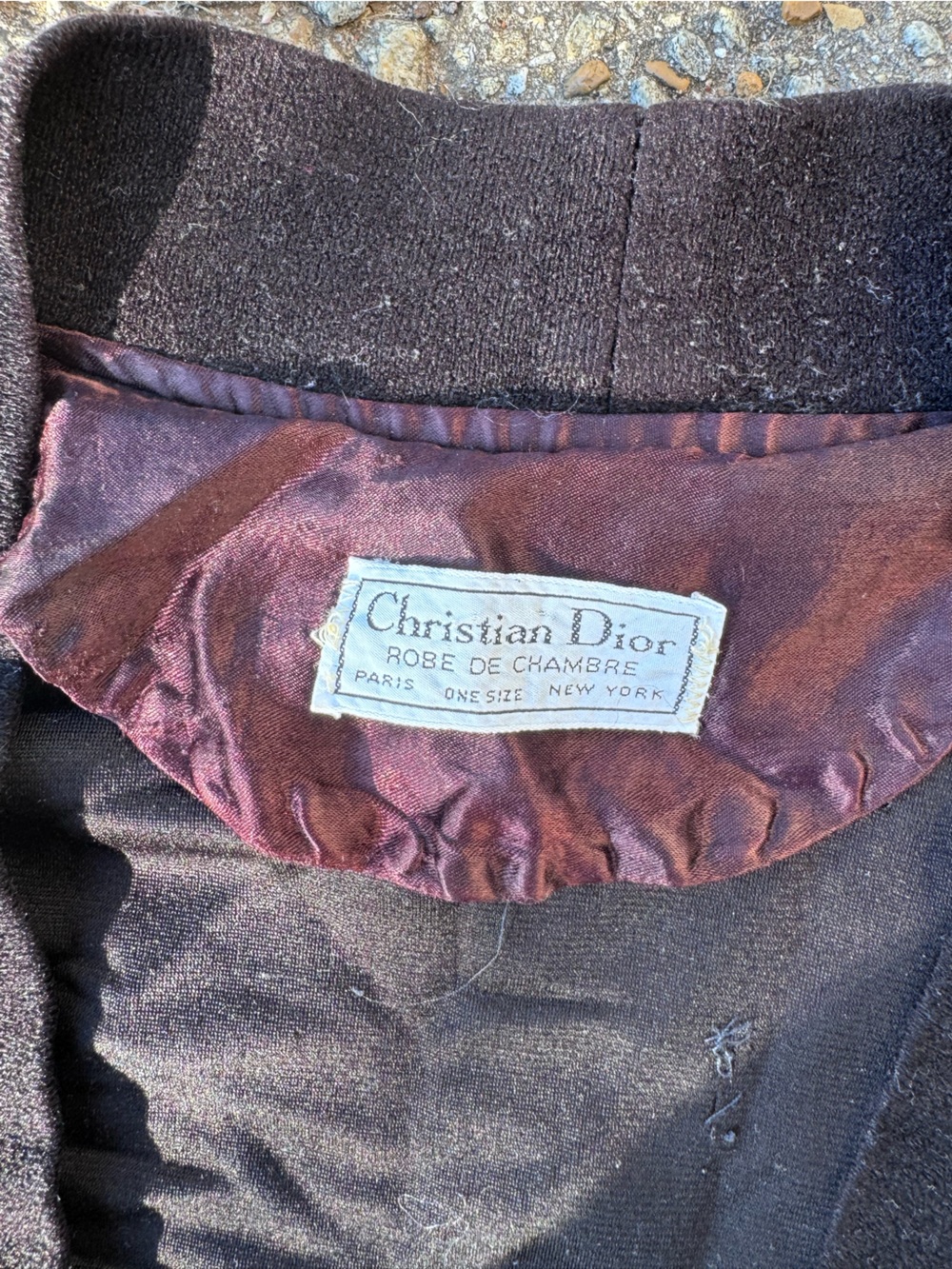 Vintage Dior Women's Black Robe de Chambre with Burgundy Satin Trim